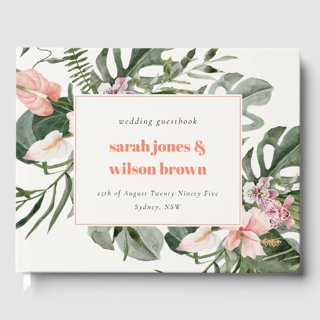 Libro De Visitas Boda Floral Tropical Rubor Vibrant Peach (Anverso)