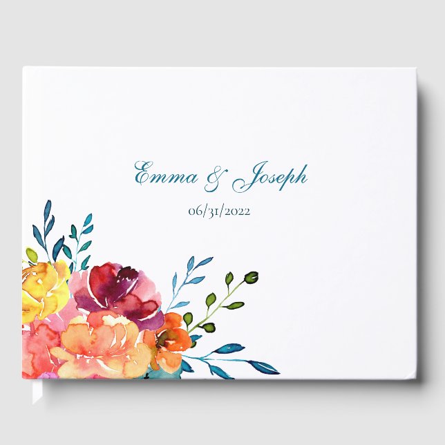 Libro De Visitas Boda floral turquesa brillante de verano (Anverso)
