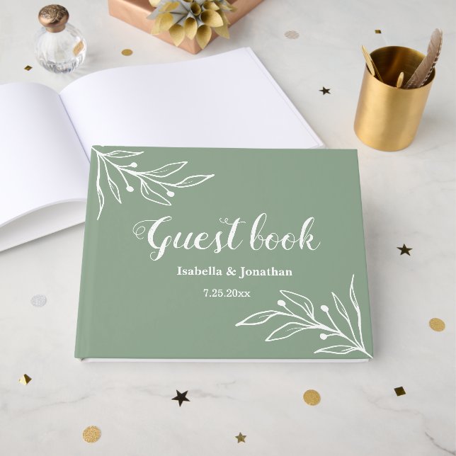 Libro De Visitas Boda floral verde de salvia elegante romántica (Anverso Abierto)