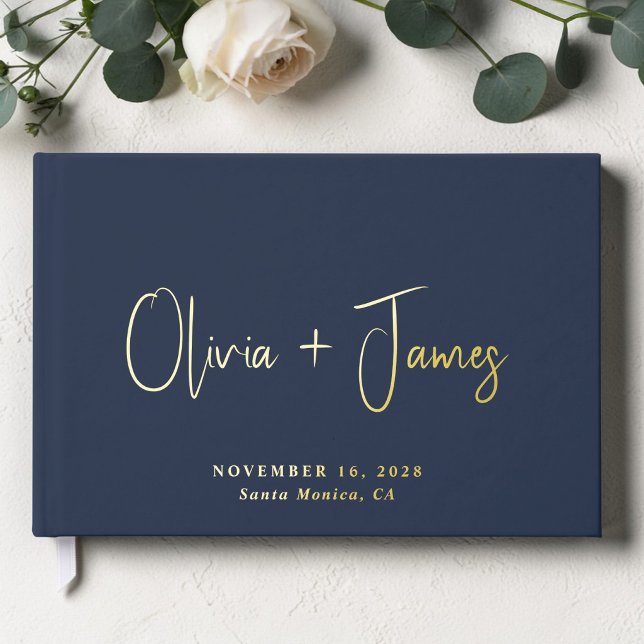 Libro De Visitas Boda Foto Azul Minimal Script (Minimal Script Photo Blue Wedding Foil Guest Book)