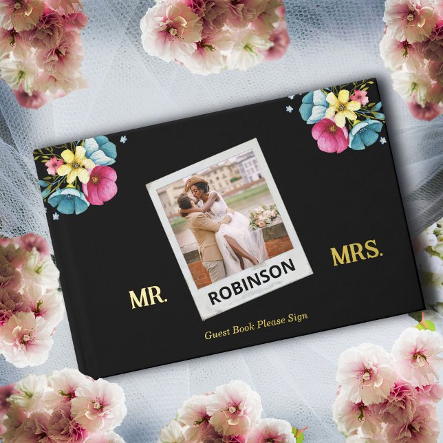 Libro De Visitas Boda Foto Flores Elegante Oro Personalizado (Wedding Photo Flowers Gold Elegant Personalize Guest Book for your guest to sign on your special day)