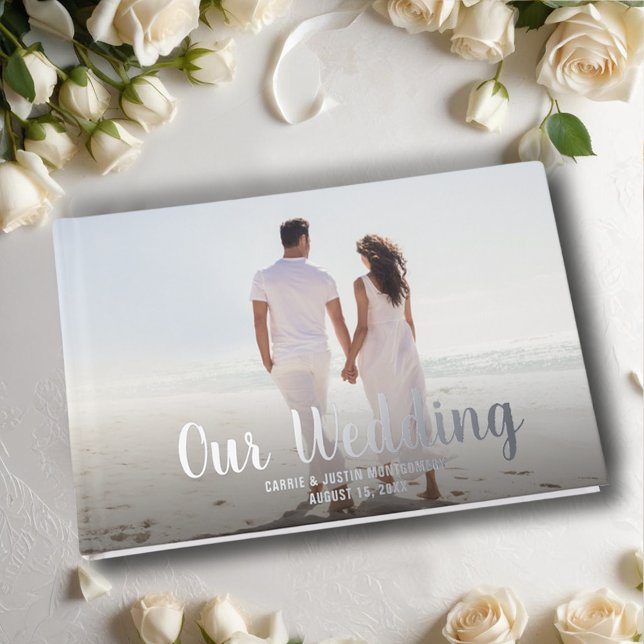 Libro De Visitas Boda fotográfico (Wedding guest book features your photo with details in real foil, silver, gold or rose gold)