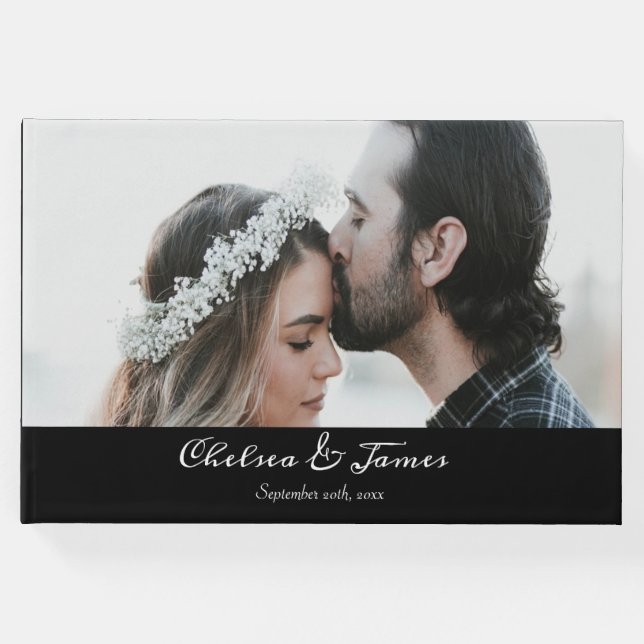 Libro De Visitas Boda fotográfico de guiones de caligrafía negra (Anverso)