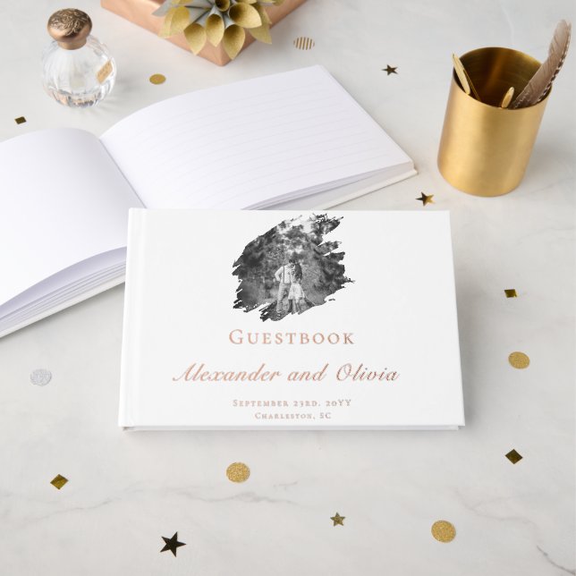 Libro De Visitas Boda fotográfico de pincel moderno | Blanca (Anverso Abierto)