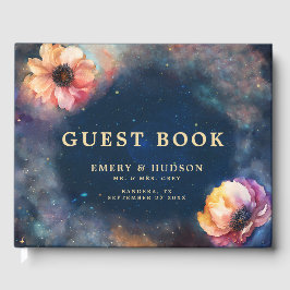 Libro De Visitas Boda Galaxia Floral Celeste Noche Estrellada Azul