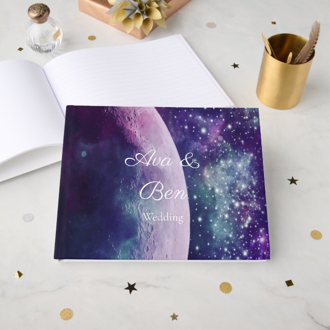 Libro De Visitas Boda Galaxia Luna Púrpura Celestial (Anverso Abierto)
