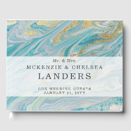 Libro De Visitas Boda Geode de la banda de marble turquesa y dorada