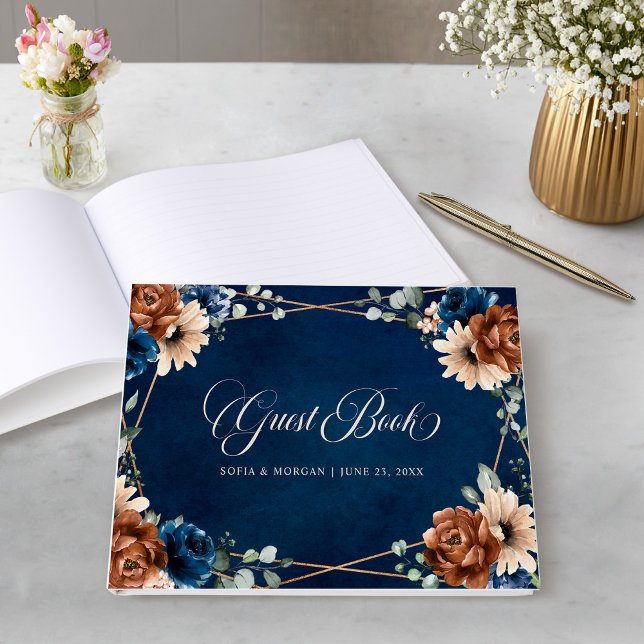 Libro De Visitas Boda geométrico de Terracotta Navy Blue Greenery (Terracotta Navy Blue Greenery Geometric Wedding Guest Book)