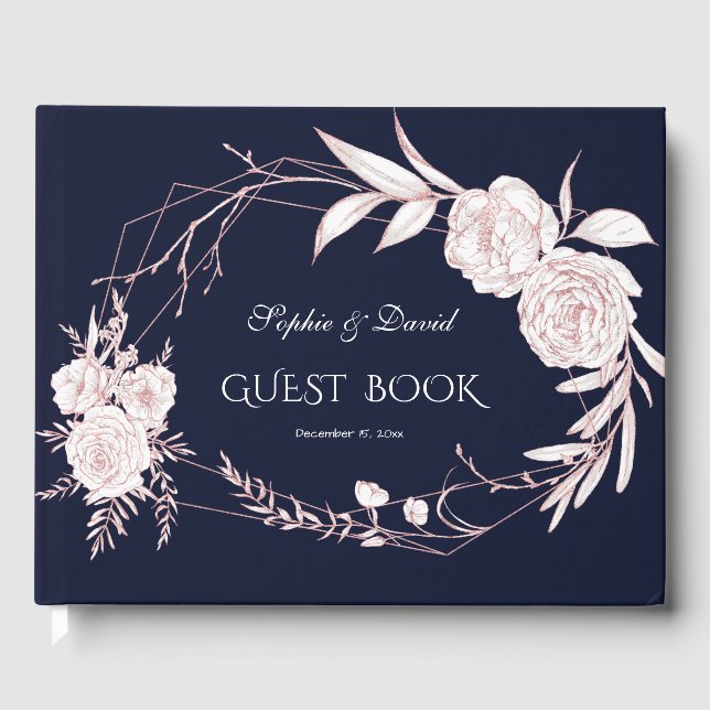 Libro De Visitas Boda geométrico elegante Rosa de flores blancas de (Anverso)