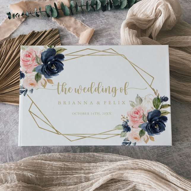 Libro De Visitas Boda Geométrico Navy Rubor Floral Gold (Subido por el creador)