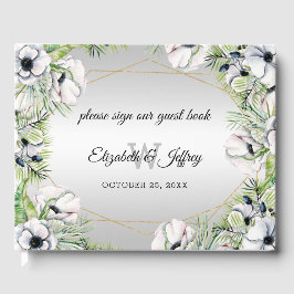 Libro De Visitas Boda Geométrico Rustic Silver White Anemone Gold