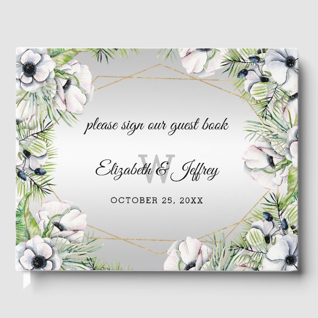 Libro De Visitas Boda Geométrico Rustic Silver White Anemone Gold (Anverso)