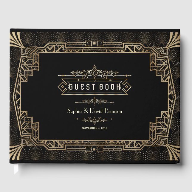 Libro De Visitas Boda | Glam Art Deco Black Gatsby Estilo de los añ (Anverso)