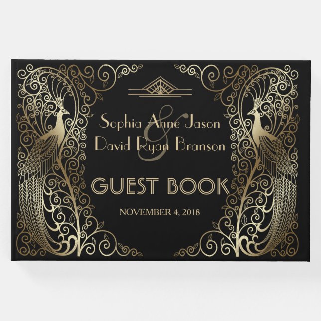Libro De Visitas Boda Glam Gold Art Deco Peacocks (Anverso)