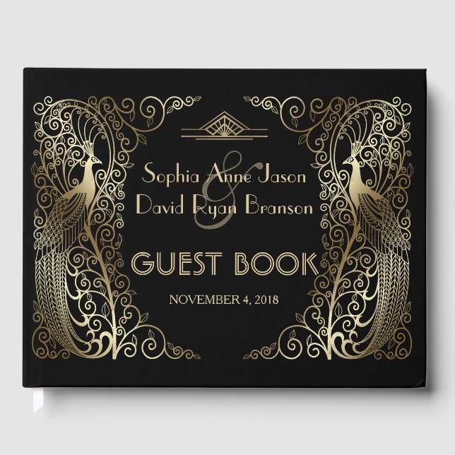 Libro De Visitas Boda Glam Gold Art Deco Peacocks (Anverso)