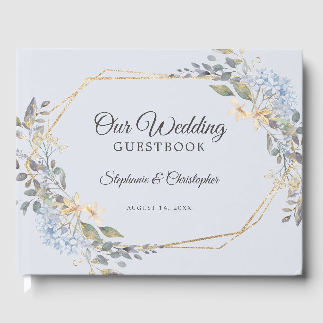 Libro De Visitas Boda Gold Geometric Dusty Blue Florals (Anverso)