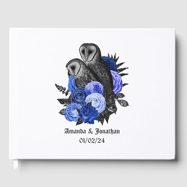 Libro De Visitas Boda Gótica de Búhos Florales Azul Real (Anverso)