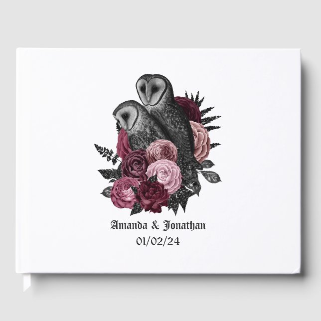 Libro De Visitas Boda Gótica de Búhos Florales de Borgoña (Anverso)