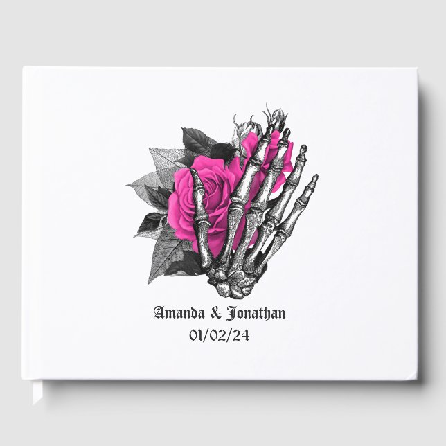 Libro De Visitas Boda gótica floral rosa caliente (Anverso)