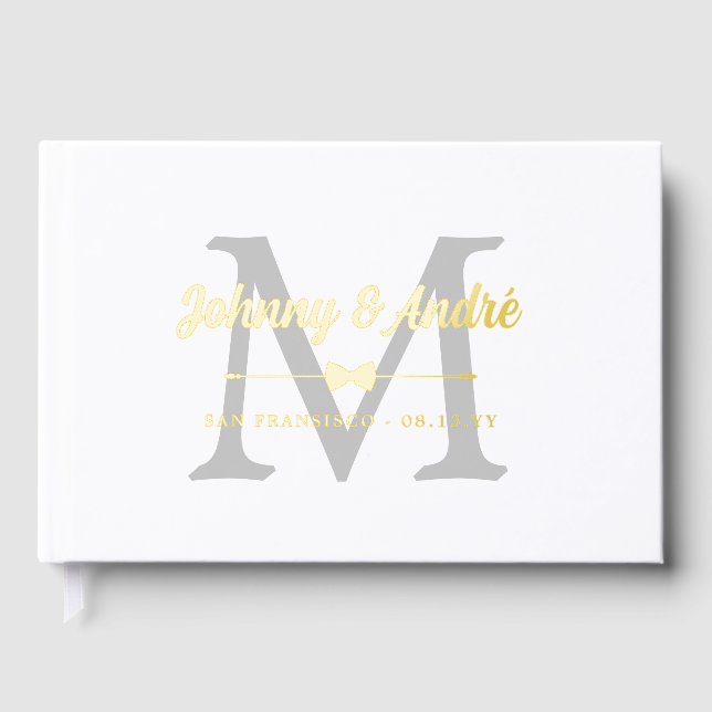 Libro De Visitas Boda Gray Gold Bowtie Monogram Gay (Anverso)