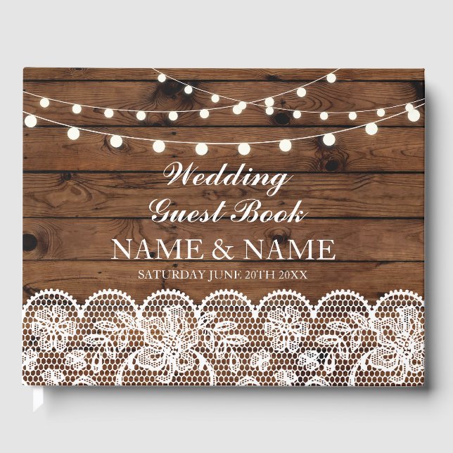 Libro De Visitas Boda Guest Book Wood Lace Rustic Lights (Anverso)