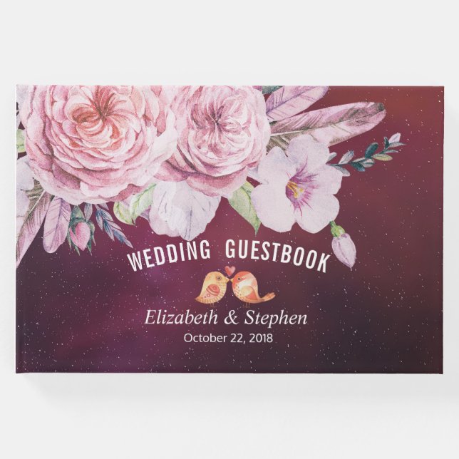 Libro De Visitas Boda Guestbook Boho Floral Feather Burgundy Red (Anverso)