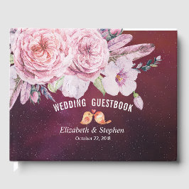 Libro De Visitas Boda Guestbook Boho Floral Feather Burgundy Red