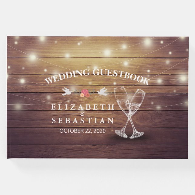 Libro De Visitas Boda Guestbook Champagne Glasses Wood Lights (Anverso)