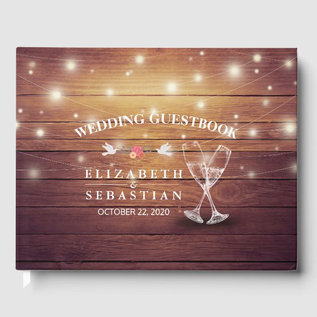 Libro De Visitas Boda Guestbook Champagne Glasses Wood Lights (Anverso)
