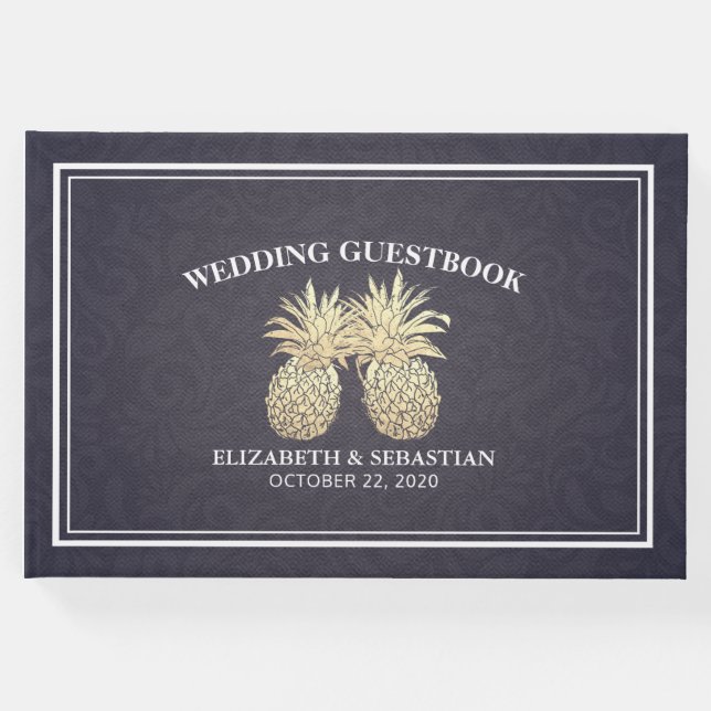 Libro De Visitas Boda Guestbook Gold Pineapple Couple Navy Blue (Anverso)