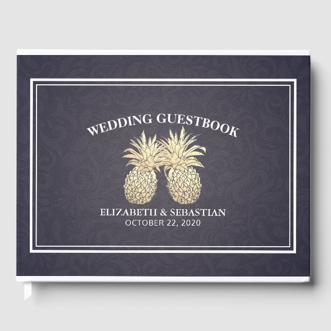 Libro De Visitas Boda Guestbook Gold Pineapple Couple Navy Blue (Anverso)
