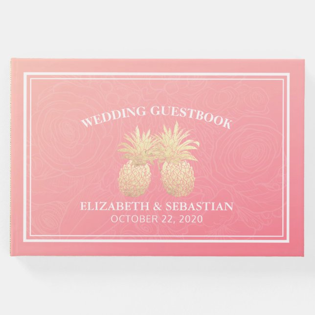 Libro De Visitas Boda Guestbook Gold Pineapple Couple Roses rosados (Anverso)