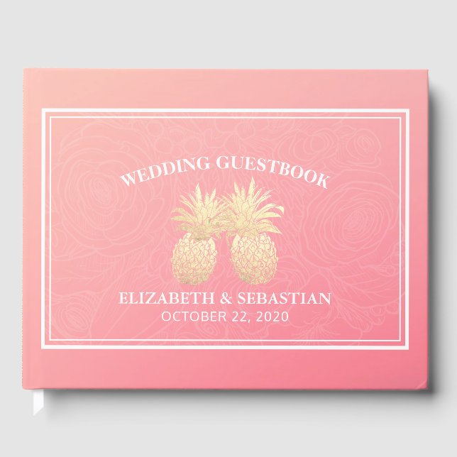 Libro De Visitas Boda Guestbook Gold Pineapple Couple Roses rosados (Anverso)