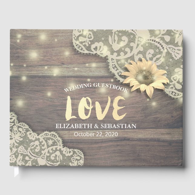Libro De Visitas Boda Guestbook Lace Sunflower Rustic Wood Light (Anverso)