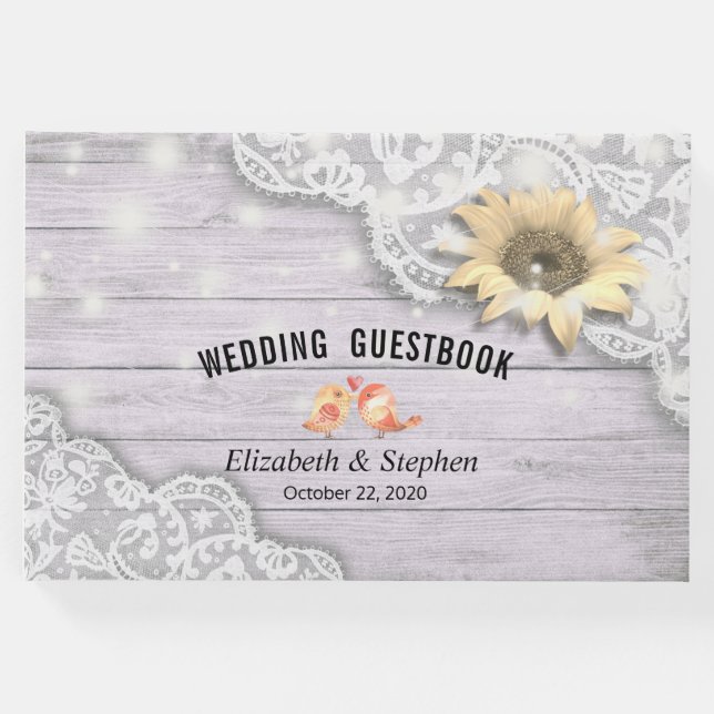Libro De Visitas Boda Guestbook Lace Sunflower Wood String Light (Anverso)