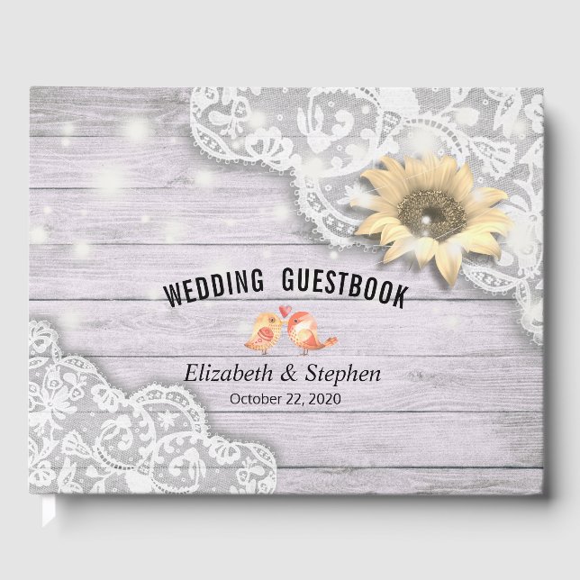 Libro De Visitas Boda Guestbook Lace Sunflower Wood String Light (Anverso)