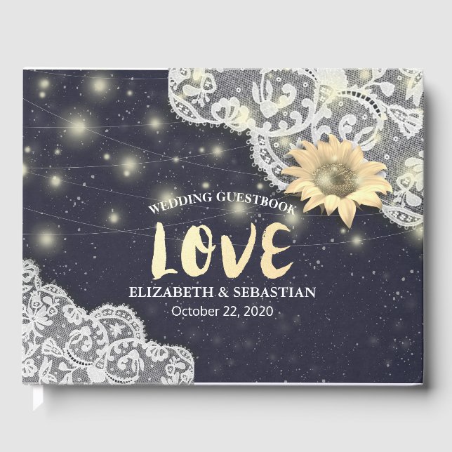Libro De Visitas Boda Guestbook Lace Sunflowers & String Lights (Anverso)