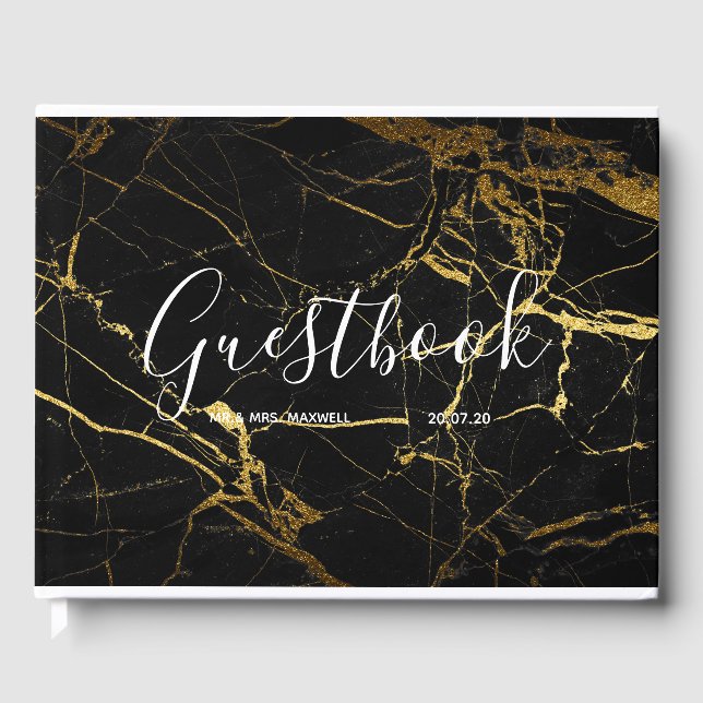 Libro De Visitas Boda Guestbook | Moda de oro de mármol negro (Anverso)