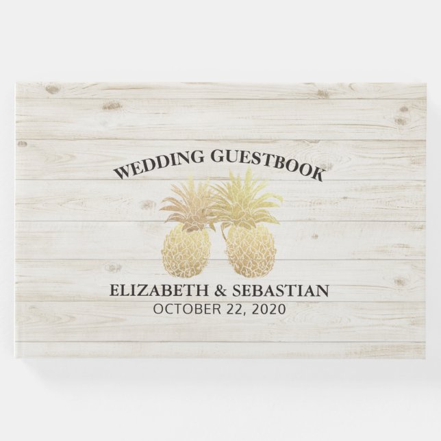 Libro De Visitas Boda Guestbook Moda Gold Pineapples Madera Rústica (Anverso)