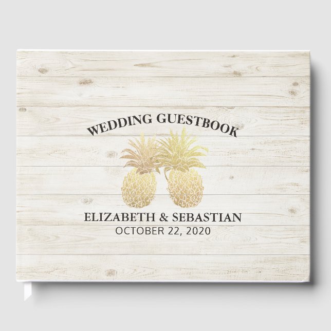 Libro De Visitas Boda Guestbook Moda Gold Pineapples Madera Rústica (Anverso)