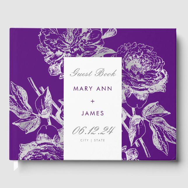 Libro De Visitas Boda Guestbook Simple Floral Plata Púrpura (Anverso)