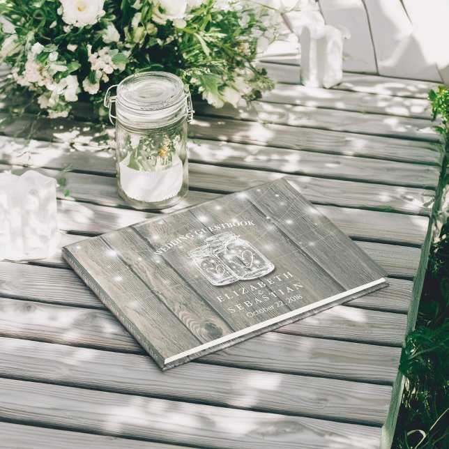 Libro De Visitas Boda Guestbook Wood Moda Mason Jar String Light (Subido por el creador)