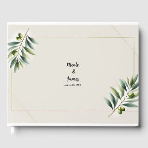 Libro De Visitas Boda hoja de olivo verde hueso blanco y dorado
