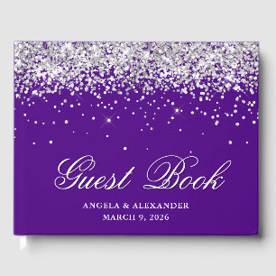 Libro De Visitas Boda Índigo Purpura Brillo Plateado Falso