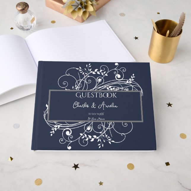 Libro De Visitas Boda invitado de Navy Blue Flourish (Anverso Abierto)