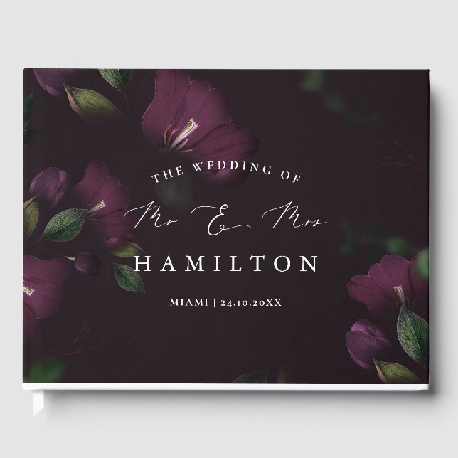 Libro De Visitas Boda invitado Moody Purple Blooms Calligraphy (Anverso)