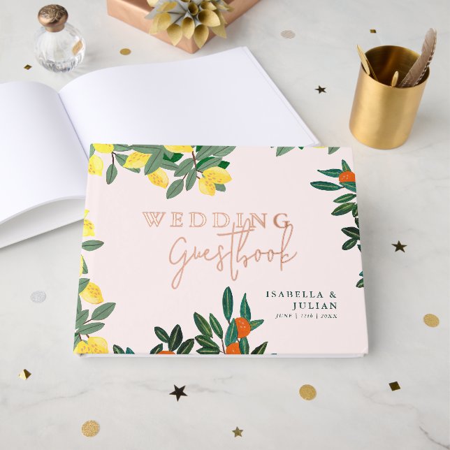 Libro De Visitas Boda italiano griego limón rosa (Anverso Abierto)