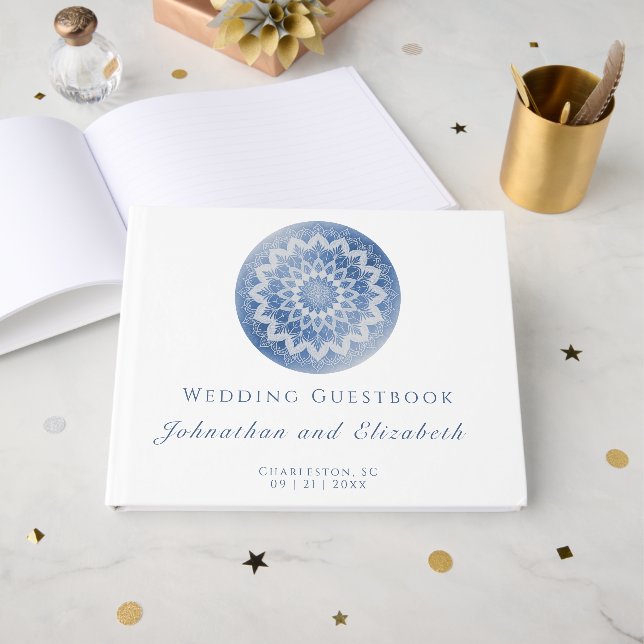 Libro De Visitas Boda Mandala de Encaje Azul (Anverso Abierto)