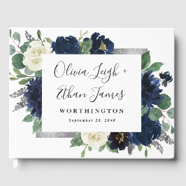 Libro De Visitas Boda marfileña elegante de Navy Blue y Silver