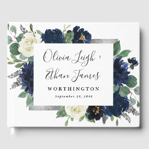 Libro De Visitas Boda marfileña elegante de Navy Blue y Silver